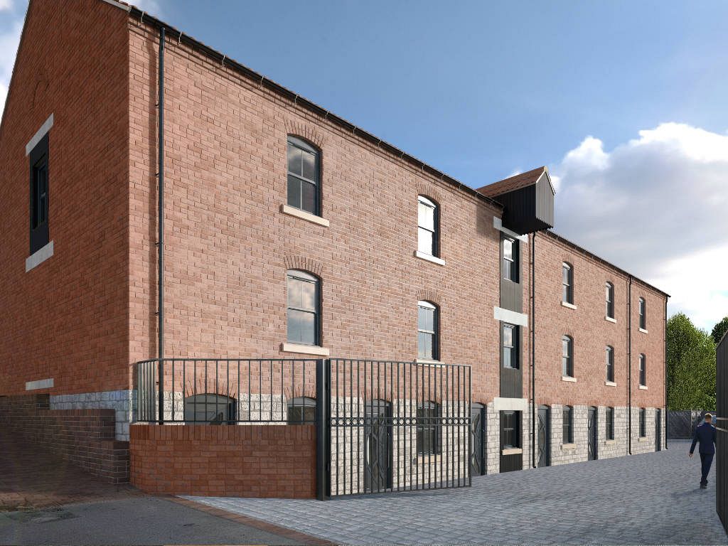 Refurbished warehouse frontage and access courtyard