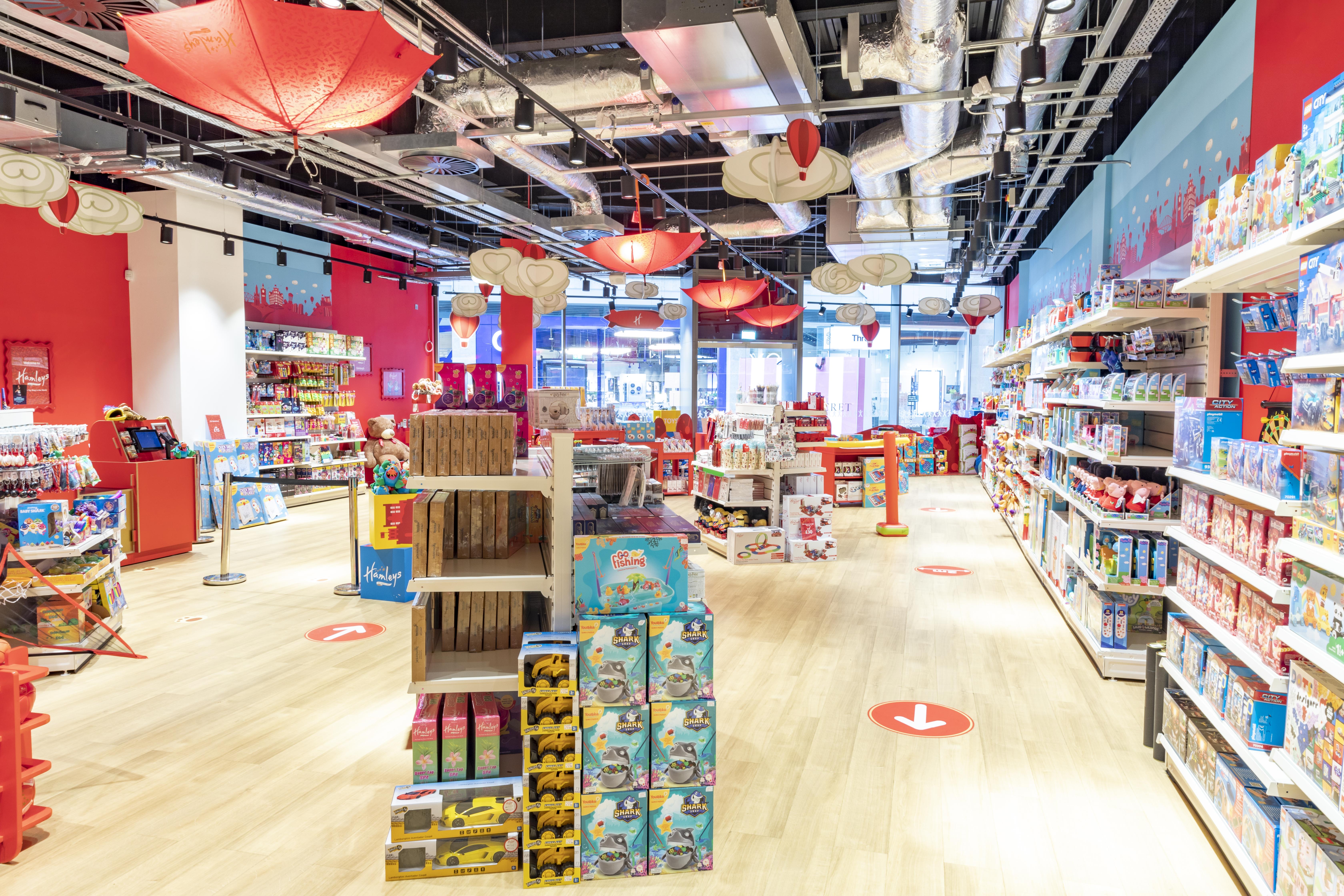Hamleys retail interior with colourful displays and ceiling features