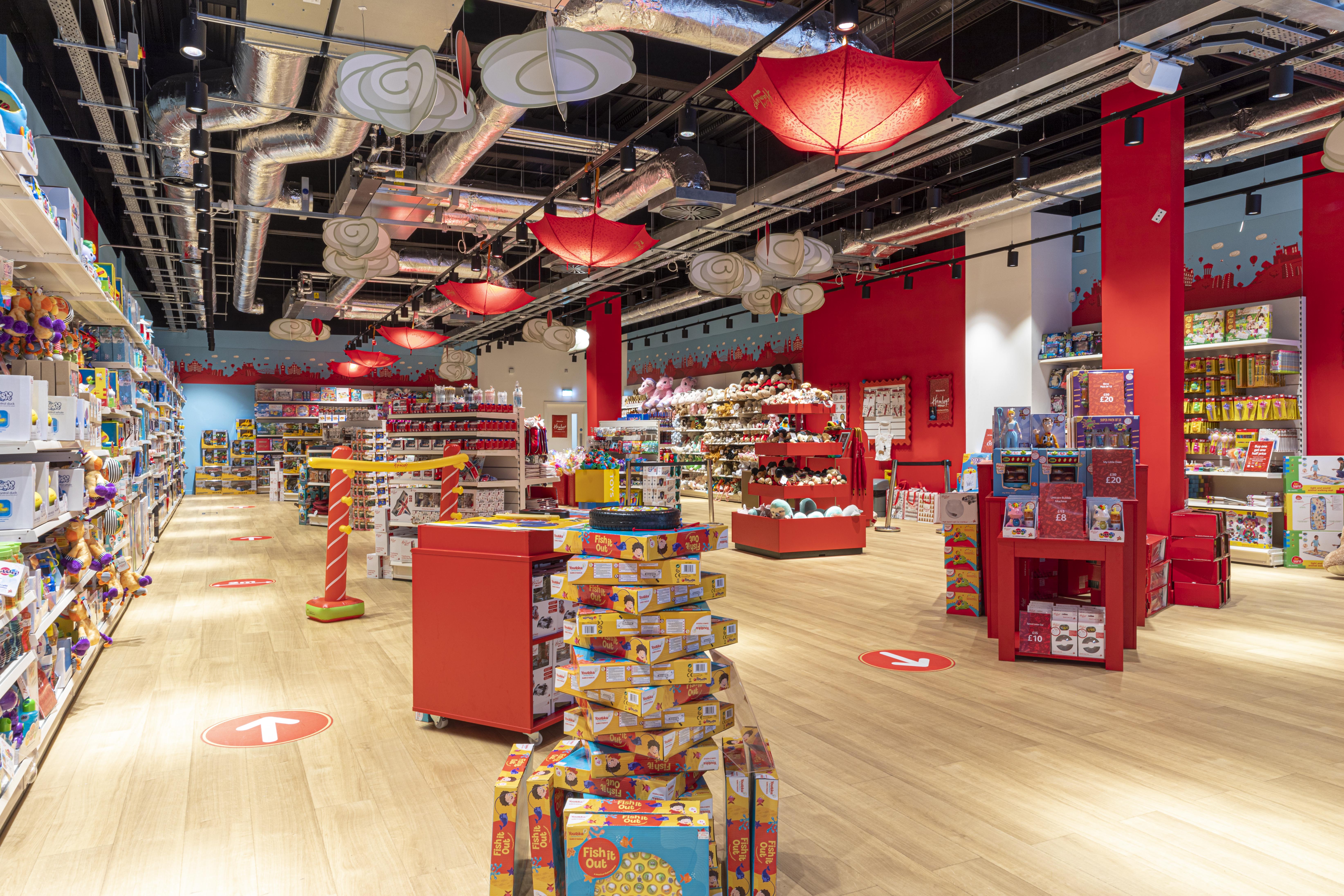 Hamleys store interior with feature displays and suspended umbrellas