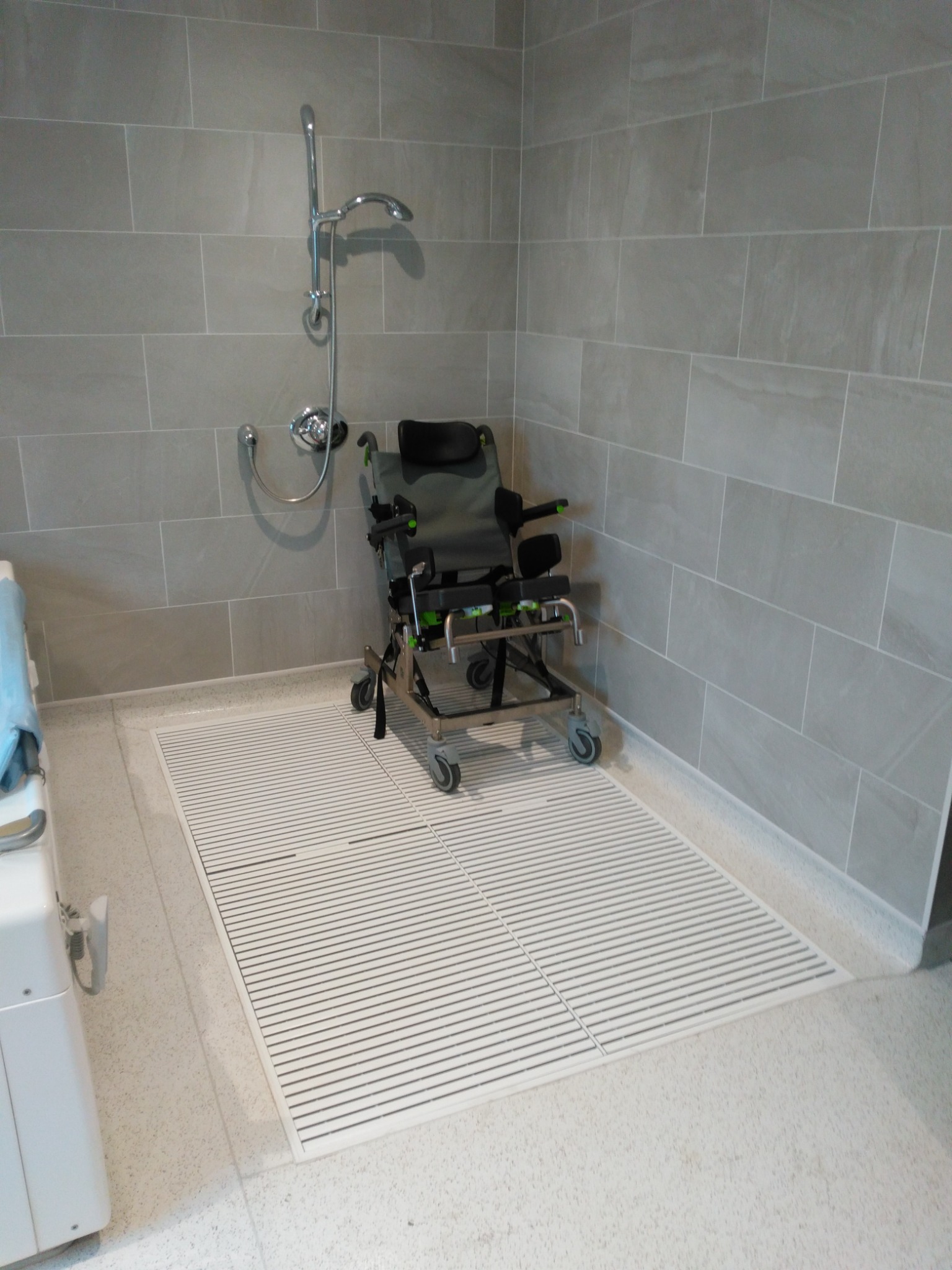 Purpose-designed level-access showering area for assisted bathing
