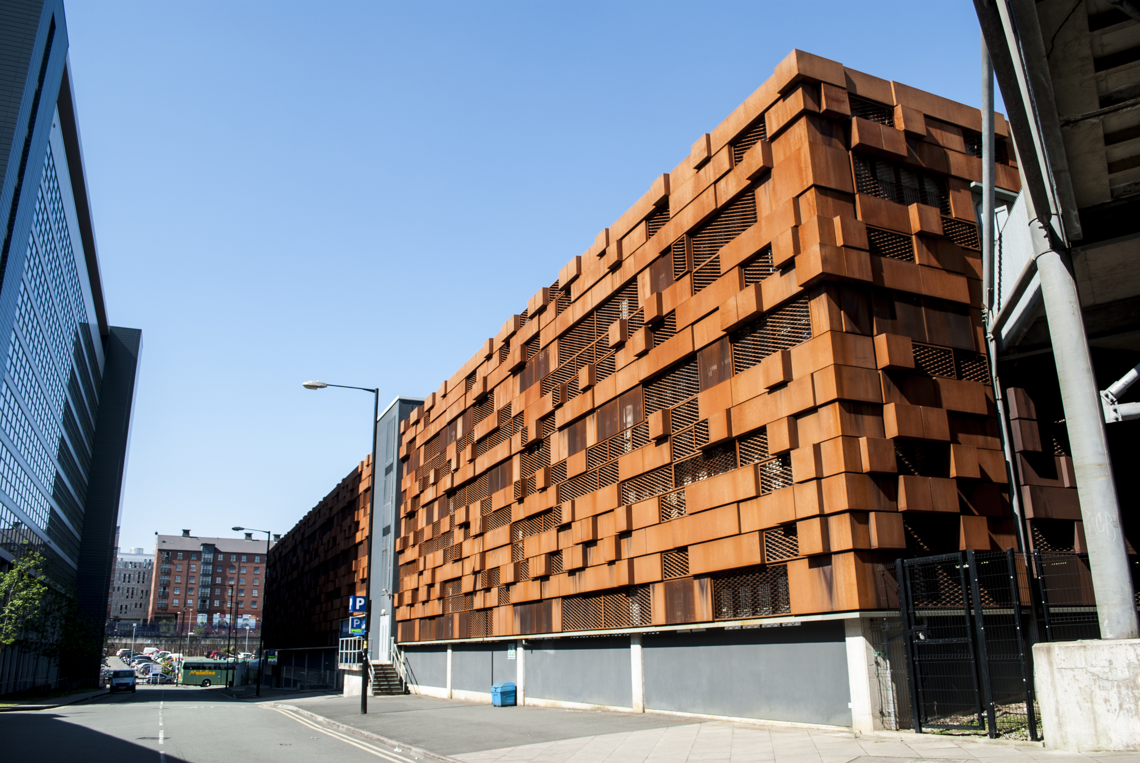 Copper coloured facade and mesh screen detail at Manchester Piccadilly Car Park