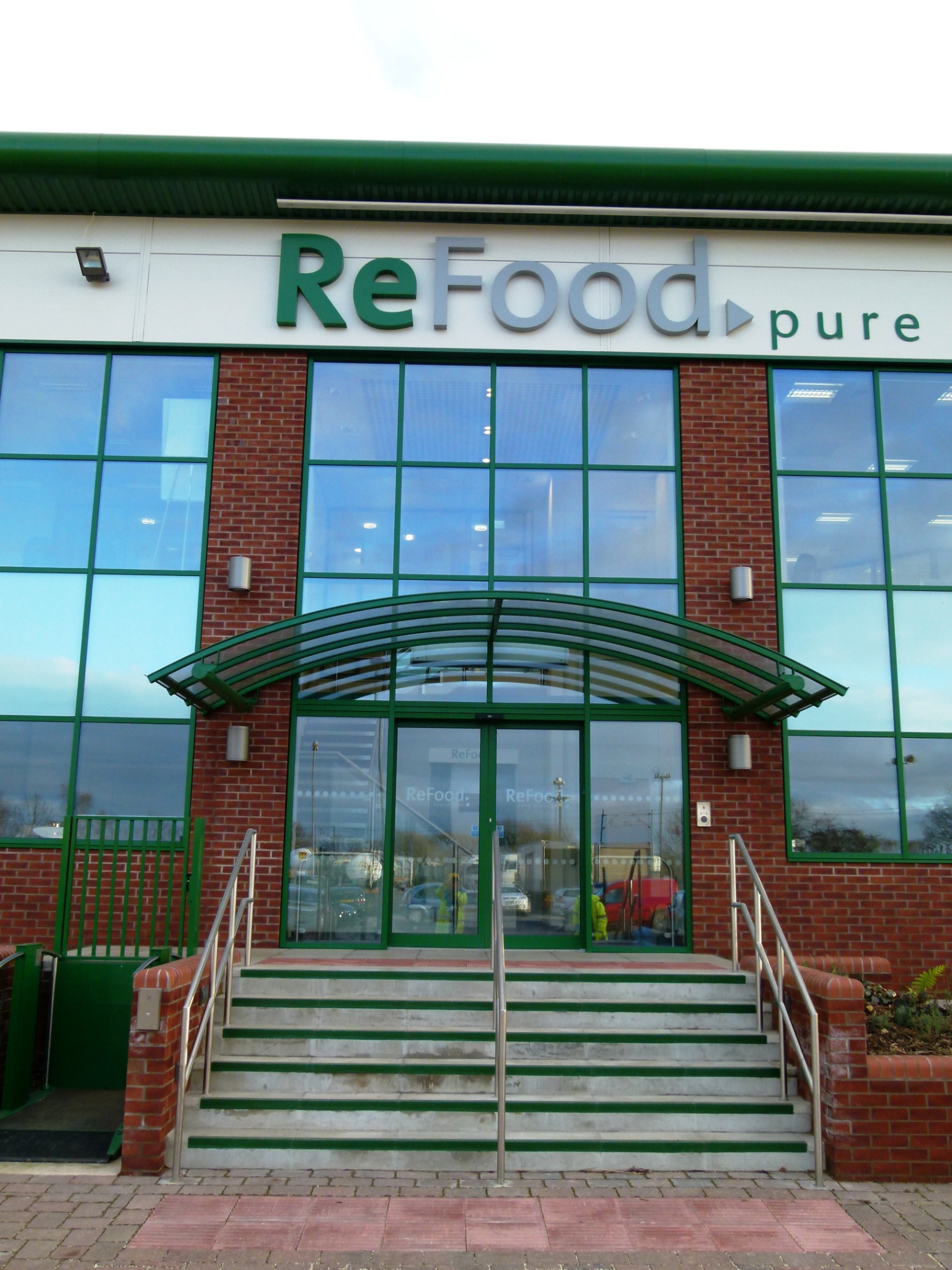 Office block entrance canopy and ReFood signage