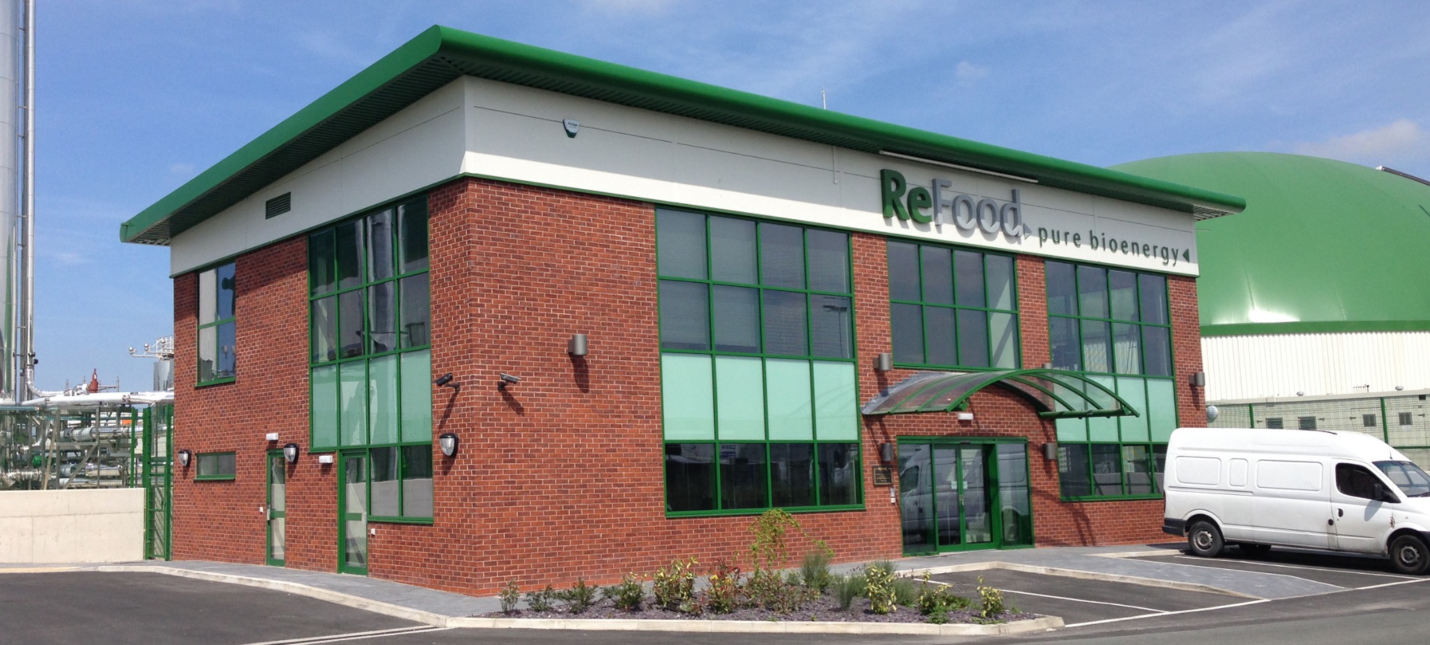 Panoramic view of ReFood Widnes office block, process plant and digestion tanks