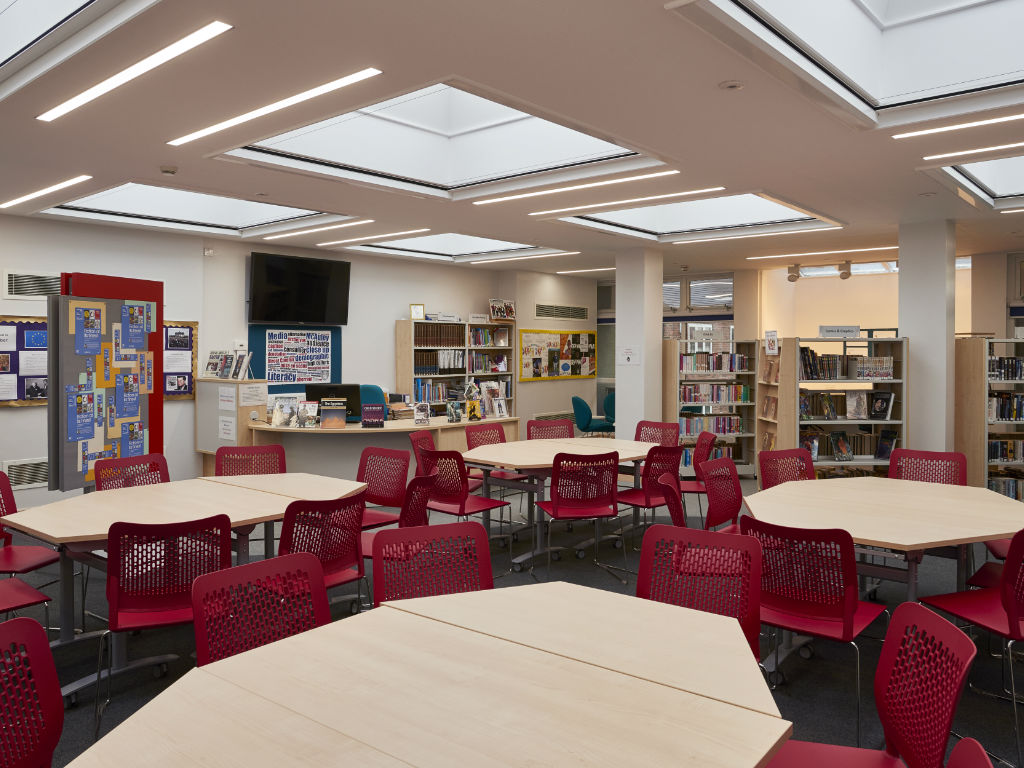 Completed library with rooflights and adaptable learning furniture