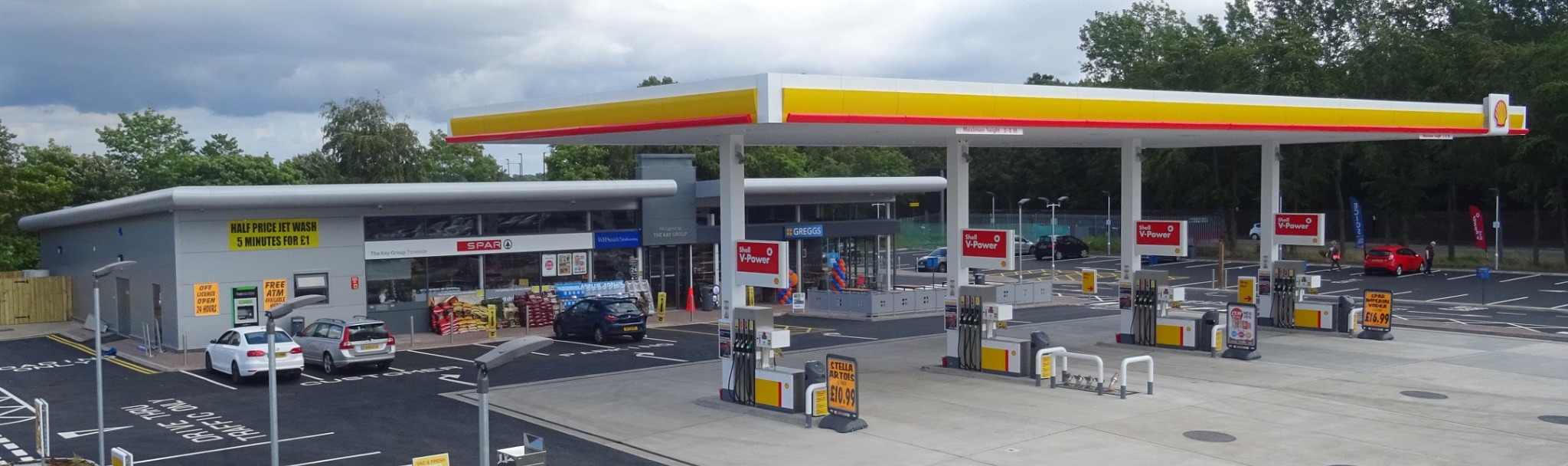 Aerial view of Tyneside Autoparc forecourt, jet wash and parking